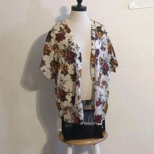 Lily Star Floral‎ Short Sleeve Kimono Fringe Shirt Red Yellow Size S